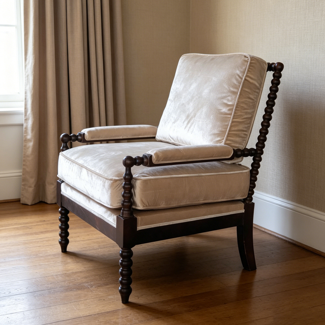 Vintage Bobbin Chair Solid Wood Velvet Upholstered Accent Chair for Living Room