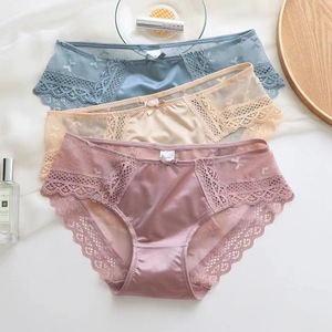 Wholesale Solid <strong>Panties</strong> Shiny Satin Nylon Front Sheer Mesh With <strong>Tiny</strong> Bow Print Scalloped Lace Trim Low Rise Women Underwear - Product Image 4