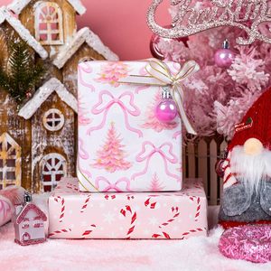 Papel de Regalo con Diseño de Árbol de Navidad y Lazo Rosa, 17 Pulgadas x 32.8 Pies, Reciclable, para Manualidades y Regalos - Product Image 4