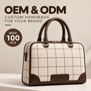 Custom Women Checkered Canvas Tote Bag PU <b>Leather</b> Trim Top Handle Shoulder Handbag Daily Crossbody Purse OEM ODM - Product Image 1
