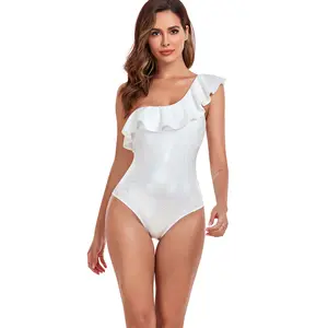 공장 판매 2024 새로운 PU 패브릭 원피스 프릴 칼라 수영복 한 어깨 수영복 및 비치웨어 사용자 정의 여성 수영복