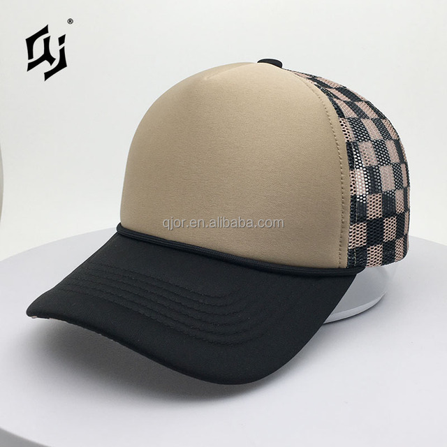 QJ OEM New Fashion Trends Custom Trucker Hat Densely Full Printing Logo Individuation Sponge Checkered Pattern Mesh Baseball Cap