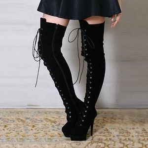 Chaussures de travail pour femme d'hiver, bottes en fourrure à lacets, bottes épaisses au-dessus du genou, talons hauts de <span class=keywords><strong>6</strong></span> pouces, chaussures de soirée, bottes longues de 15 cm, chaussures de scène - Product Image 1