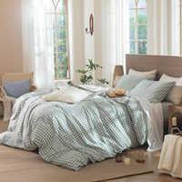 Parure de lit gingham 100% coton lavé, texturée, respirante, durable, douce, écologique, personnalisable, motif végétal moderne pour la maison