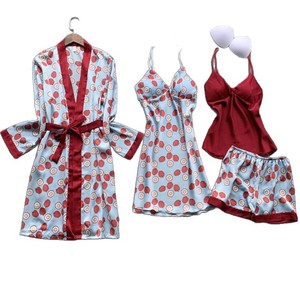 Pyjamas en soie imprimée de qualité export européenne et américaine pour femmes, printemps et automne, manches longues, soie sexy, quatre pièces - Product Image 4