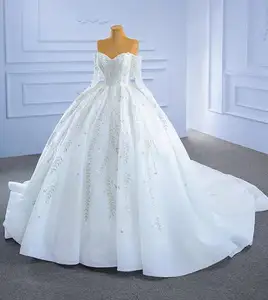 Новое свадебное платье с открытыми плечами, блестящее простое корейское кружевное свадебное платье с открытой спиной, свадебное платье с длинным рукавом и маленьким шлейфом