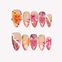Faux ongles 3D style vacances à presser, en acrylique faits main, forme amande, palmier, étoile de mer, strass, personnalisables