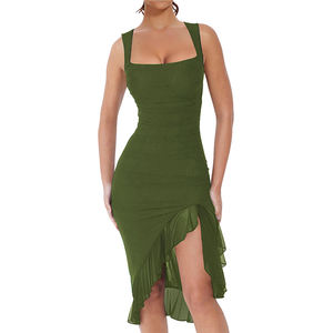 OEM <span class=keywords><strong>Robe</strong></span> sexy à ourlet plissé fendu pour femmes <span class=keywords><strong>Robe</strong></span> longue dos nu en maille plissée ajustée et ajustée sans manches de couleur unie pour les clubs de fête - Product Image 3