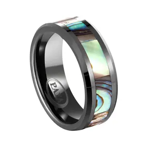 Mooie Mannen Wolfraam Staal Custom Ring Met Abalone Shell Inlay Unisex Gebruik, Luxe Hoge Kwaliteit Zwart Shell Ringen