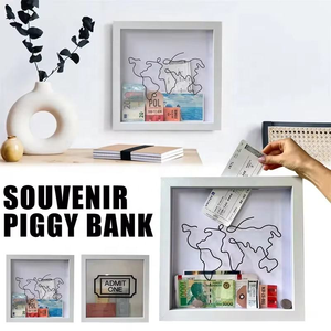 Tirelire Thème Voyage avec Cadre Photo en Bois Gris, Emplacement pour Pièces de Monnaie, Décoration Carte du Monde, Cadeau de Remise de Diplôme, Décoration Maison, Vente en Gros OEM ODM - Product Image 3
