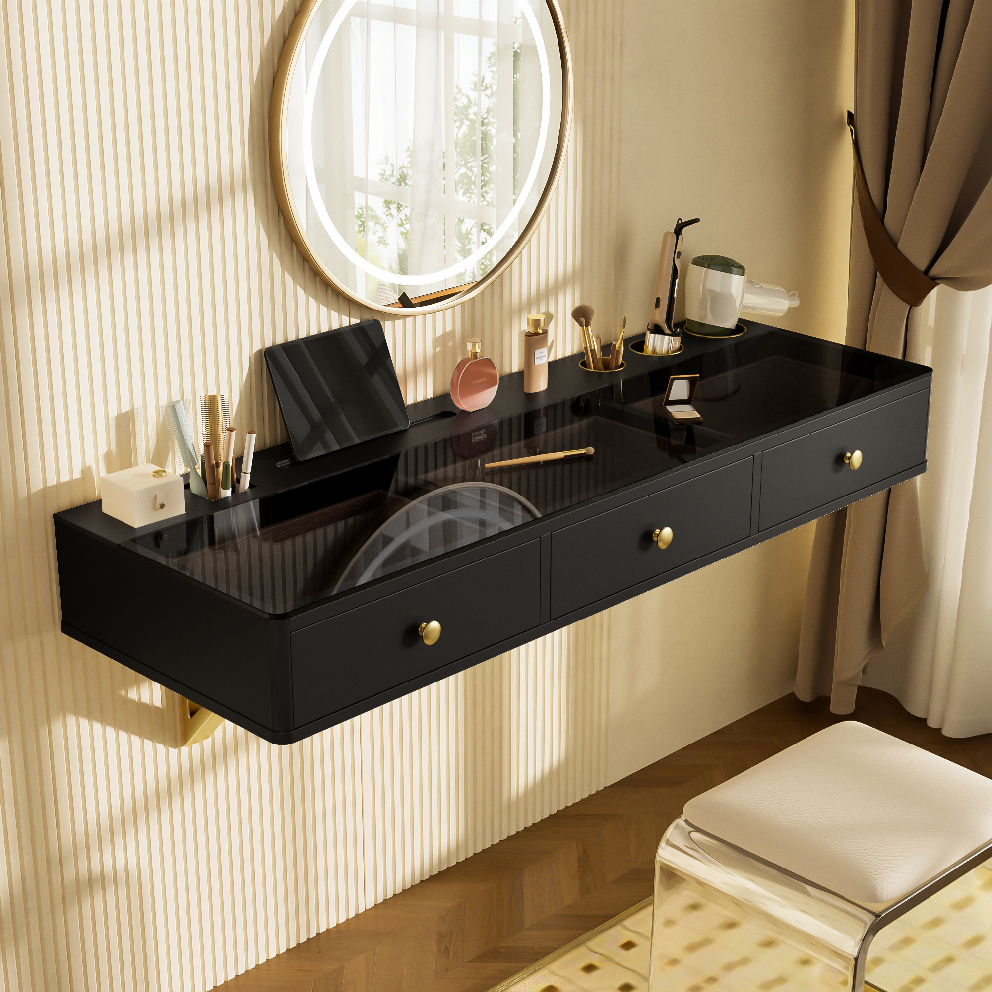 Noir + MDF + verre + 3 tiroirs