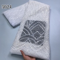 Kain Brokat Prancis Afrika Putih Murni 5024 dengan Payet untuk Gaun Pengantin, Kain Tulle Mesh, Brokat Nigeria Mewah