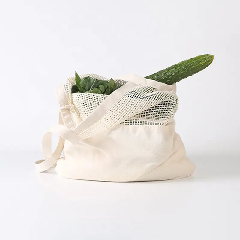 環境にやさしい再利用可能なロングハンドヘルドスプライシングコットンメッシュバッグ食料品キャンバスコットンメッシュショッピングバッグ