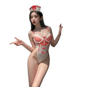 Sexy Nurse Uniform <b>Lace</b> Trim Red <b>White</b> Bodysuit Women Stretch Underwire Role Play Costume - Product Image 5