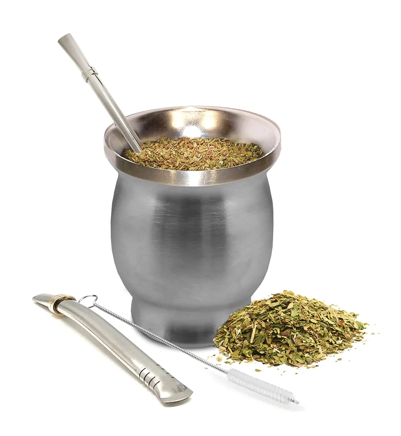 Yerba-Juego de tazas de té/Natural Mate calabaza, plata, incluye 2 Bombonas (pajitas de Yerba Mate) con cepillo de limpieza amp 304 de acero inoxidable