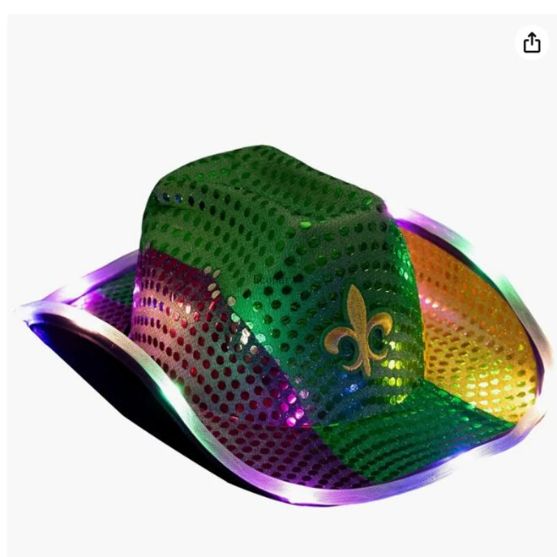 Adult Shiny Sequin Mardi Gras Cowboy Hat with LED Lights display picture 1