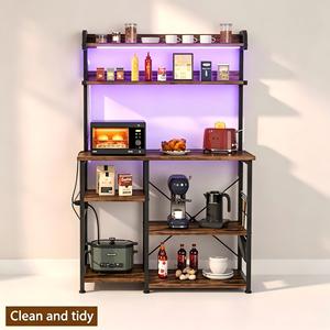 Étagère de cuisine Comfuri en bois avec prises électriques, lumières LED, chariot de rangement à 5 niveaux, station café, support pour <span class=keywords><strong>micro</strong></span>-<span class=keywords><strong>ondes</strong></span>, imperméable - Product Image 1