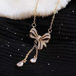 Bow Pendant <b>Titanium</b> Steel <b>Necklace</b> Gold Color Zircon Clavicle Chain For Women Gift Fashion Jewelry - Product Image 4