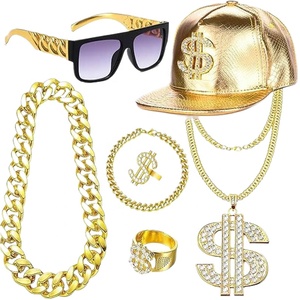 Kit Costume Hip Hop Anni '80 '90 Occhiali da Sole con Catena Metallica Collana e Bracciale con Catena Grande Stile Rapper Cappello Dorato Hip Hop - Product Image 5