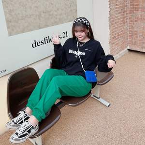 Pantalones de chándal elásticos y gruesos con forro polar para mujer, talla grande, N8224, verde, algodón, informales - Product Image 1