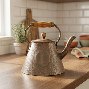 <b>Vintage</b> Hammered Metal <b>Kettle</b> With Wooden Handle And Lid Water Pot - Product Image 3