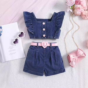 Set di Abbigliamento Casual per Bambine con Top a Collo Quadrato e Maniche a Lanterna, Gonna Plissettata con Motivo a Punti e Design in Denim con Molteplici Bottoni - Product Image 4