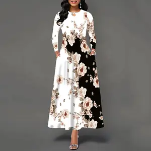 Wholesale Women Casual Beach Swing Dresses Girls Fashion Folk-custom Printing O-Neck Long Sleeve Dress