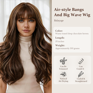 Peluca <span class=keywords><strong>de</strong></span> Encaje Completo Sintética Ondulada Larga Marrón Oscuro con Flequillo, Precio Mayorista <span class=keywords><strong>de</strong></span> Fábrica, Cabello <span class=keywords><strong>Natural</strong></span> para Mujer, Resistente al Calor - Product Image 3