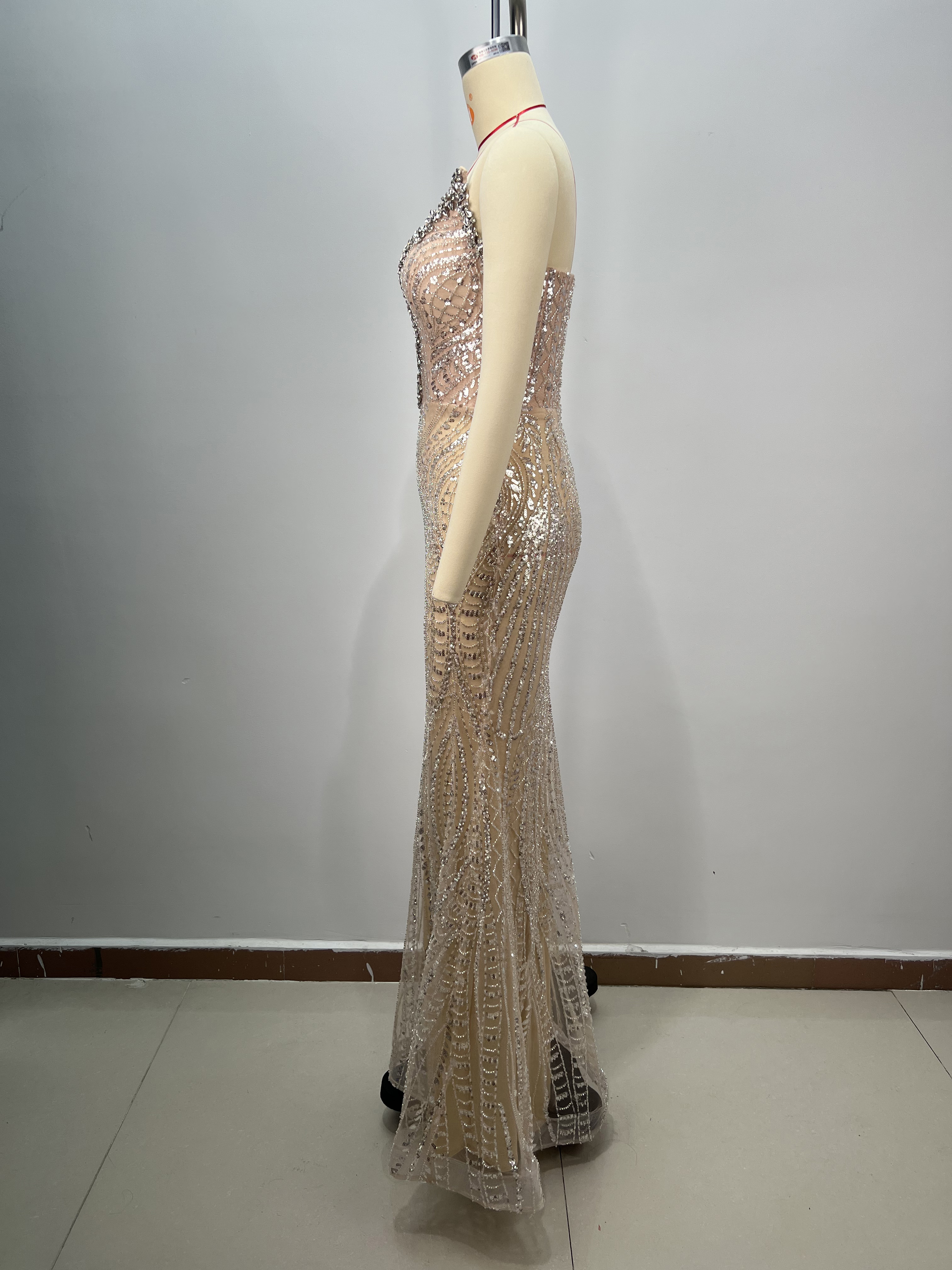 Luxury Diamond Champagne Sequins Sexy Deep V-Neck Dresses