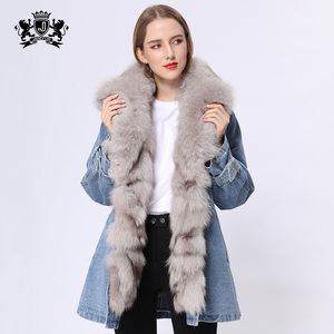 Janefur Hot Sale <strong>Women</strong> Winter Parka Style Warm Real Fur Lined Coat Fashion <strong>Denim</strong> <strong>Jacket</strong> With Fur - Product Image 2