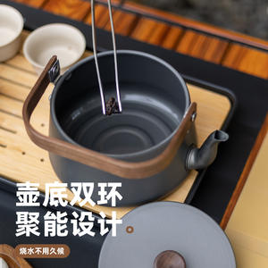 Théière d'extérieur en alliage d'aluminium 1,1 L avec poignée en bois, bouilloire de camping portable à large ouverture, gris noir - Product Image 2