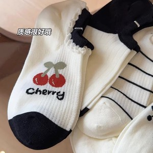 Women's Summer Invisible Ankle Socks Cherry Pattern Anti-Bacterial Sweat-Absorbing White Thin Boat Socks - Product Image 3