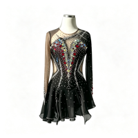 Robe de patinage artistique noire à manches longues avec strass colorés et jupe en maille pour enfants et adultes, idéale pour les compétitions et spectacles de patinage sur glace