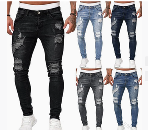 Venta al por mayor de los hombres rasgados <span class=keywords><strong>Slim</strong></span> <span class=keywords><strong>Fit</strong></span> <span class=keywords><strong>Skinny</strong></span> Denim Lápiz Pantalones Jeans desgastados Hommes Pantalones - Product Image 1