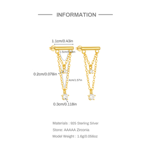 18K Gold Plated 925 Sterling Silver Zircon Double Layered Tassel Length <b>Chain</b> Diamond Ear <b>Stud</b> Womens <b>Earrings</b> - Product Image 2