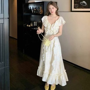 French Style V Neck Floral Print Dress With Ruffles For Women Summer Casual Long Dress Holiday Celebration Wear - Product Image 1