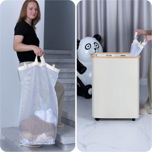 Cesto Portabiancheria Doppio in Tessuto con Ruote, Pieghevole in Bambù, per Impilare Vestiti Sporchi - Product Image 3