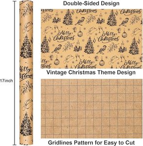 Christmas gift wrapping <b>paper</b> vintage kraft <b>paper</b> for Christmas tree and birds gift wrapping 17in customizable size <b>pattern</b> logo - Product Image 2