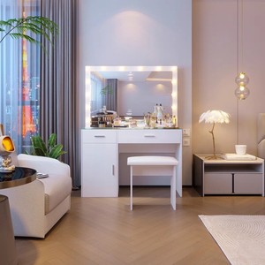 Nouvelle conception de coiffeuse en <span class=keywords><strong>bois</strong></span> avec plateau en verre, ensemble de tables de maquillage blanches, coiffeuse avec miroir à lumière LED - Product Image 6