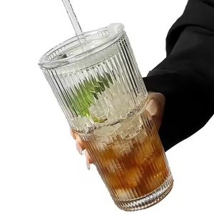 Dropshipping Large Vertical Stripes Glass Drinkware Free Shipping Ins Lid Straw Water/Coffee <b>Cups</b> for Cold Drinks - Product Image 5