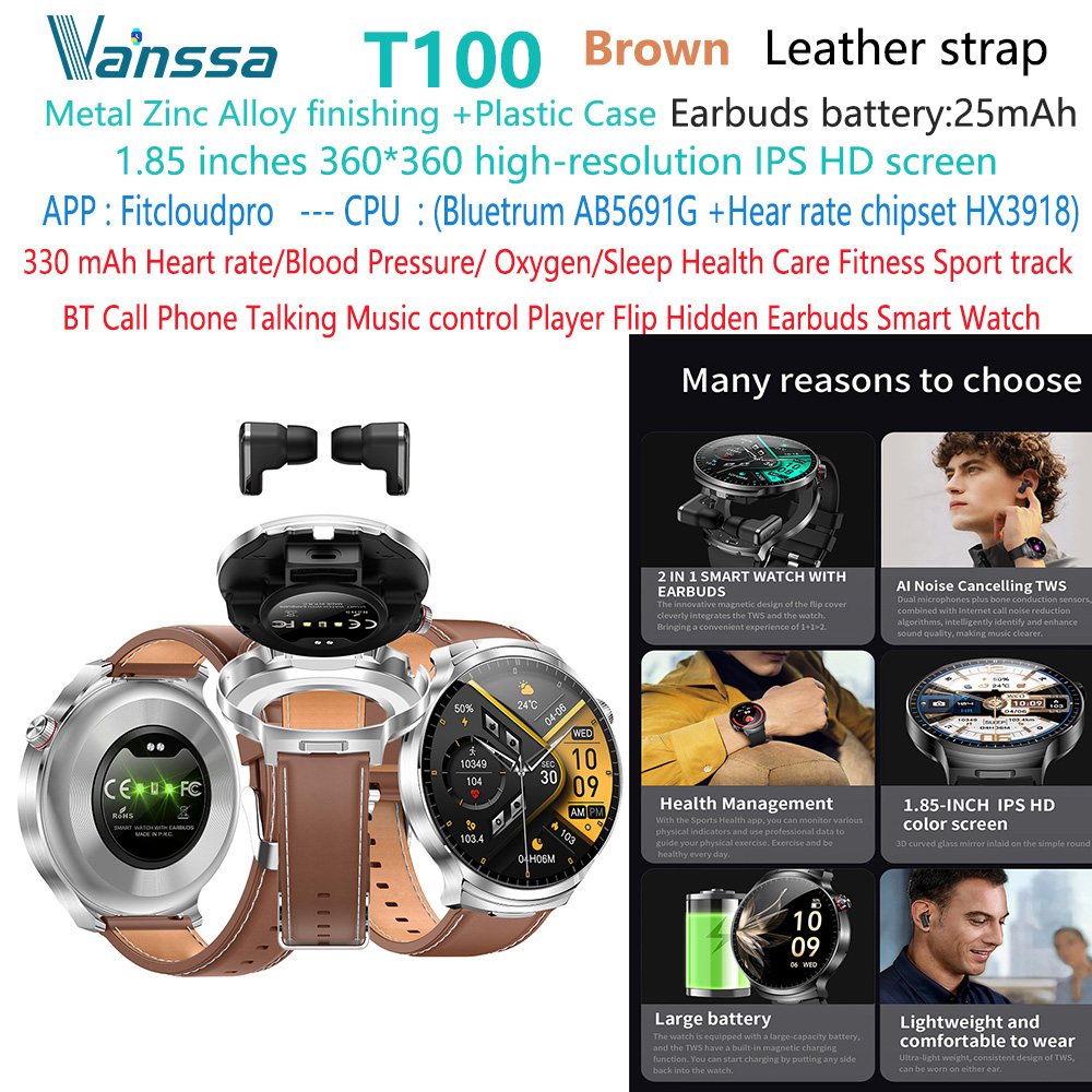 Reloj inteligente con auriculares T100 de cuero marrón