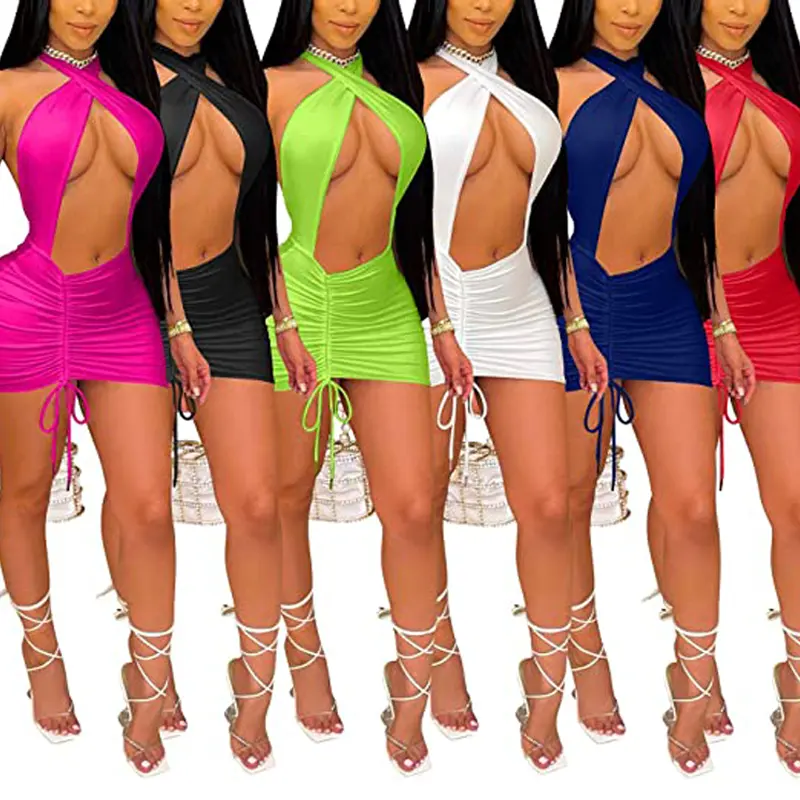women's candy color sexy big ass party dresses criss-cross halter Neck backless Crop top Dress Bodycon club mini y2k dress