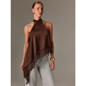 Top de satén sin mangas para mujer con cuello halter, ribete de encaje patchwork, espalda descubierta y diseño de blusa irregular - Product Image 4