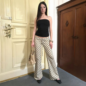 <b>Vintage</b> Polka Dot Elastic Waist Tie Front Slight Flare Pants Women Low Rise Slim Fit Casual Long <b>Trousers</b> - Product Image 1