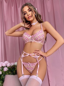 Lencería Sexy Transparente para Mujer, Conjunto de 3 Piezas con Bordado, Encaje en Forma de Corazón Rosa, Liguero y Medias - Product Image 2