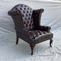Chaise à ailes rétro en cuir véritable à dossier haut, chaise Chesterfield à ailes marrons Vintage