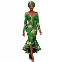 Robe sirène en coton imprimé wax africain de haute qualité avec foulard, robes ethniques à manches longues et col en V pour femmes