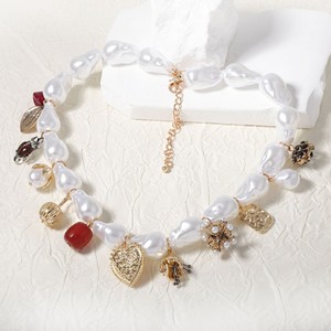 Kalung liontin mutiara tidak beraturan terbaru untuk wanita kalung rantai rumbai bola bunga hati logam Punk Retro - Product Image 4