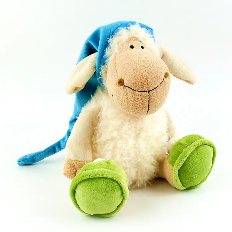 2024 Bulk Stock Stuffed Animal Blue Hat Plush Sheep With Big Eyes Shoes Ball Toy Plush Animal Cushion