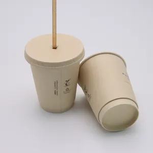 Hot Selling Dubbele Muur Gedrukt Logo Bamboe Pulp Papier Koffiekopje Met Deksel